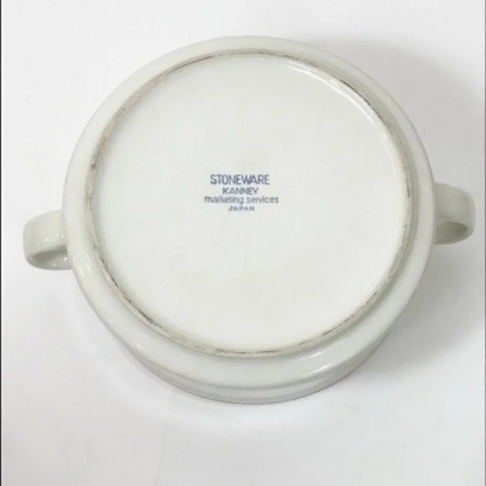 Stoneware Round Covered Vegetable Spring Flower by KANNEY - handles & Lid Japan